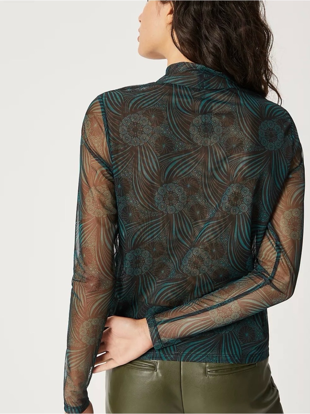 Anthropologie Teal and Black Sheer Printed Long Sleeve Top - Picture 5 of 5